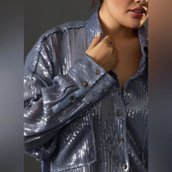 Anthropologie Pilcro Full Sequin Button Down Shirt - Blue M - Picture 3 of 11